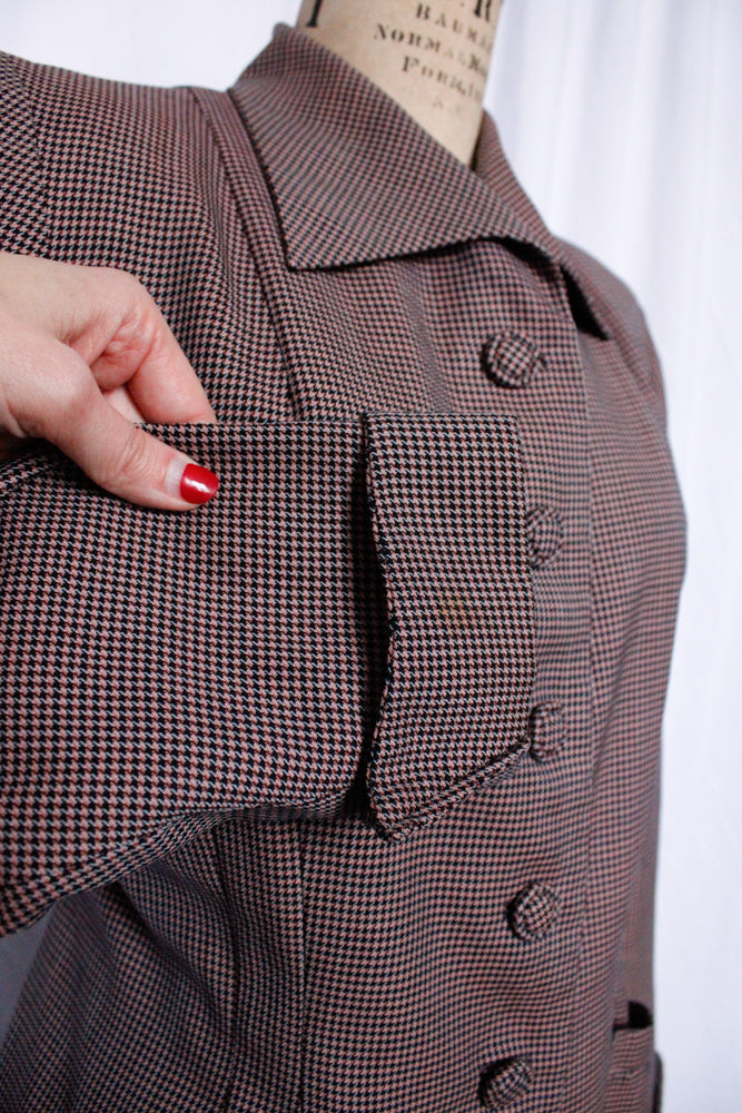 1940s Pink & Navy Houndstooth Gabardine Suit - Medium