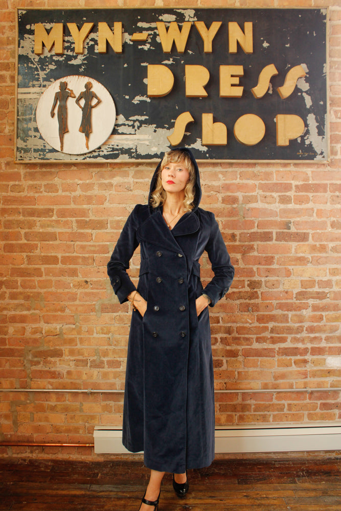 1970s Blue Hooded Cotton Velvet Coat - Medium