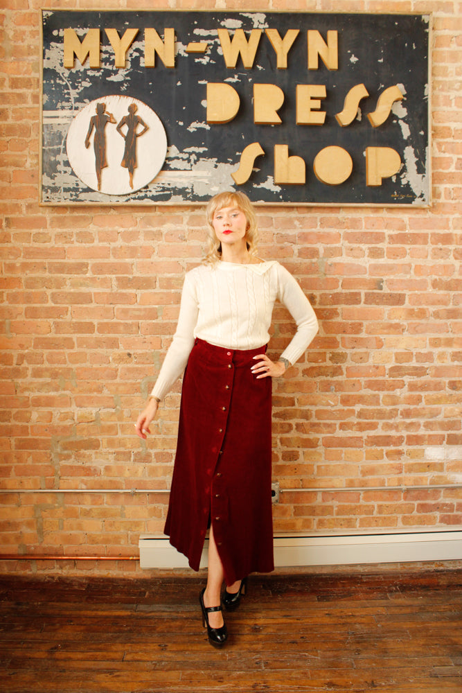 1970s Burgundy Corduroy Maxi Skirt - Medium