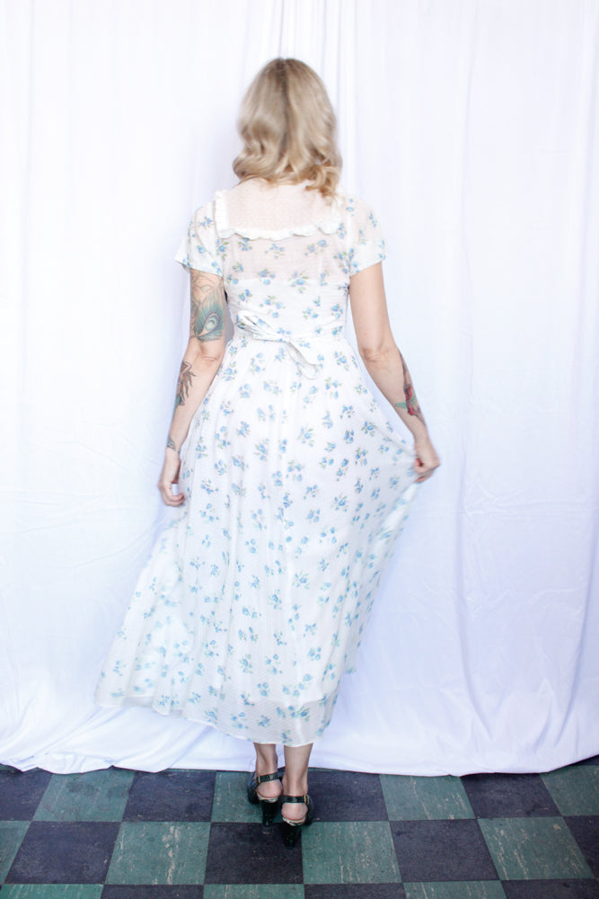 1930s Swiss Dot Floral Cotton Gown - Xsmall 