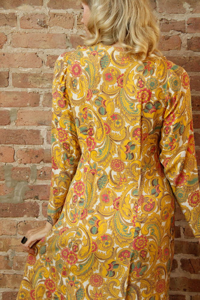 1940s Cold Rayon Butterscotch Floral Dress - M/L
