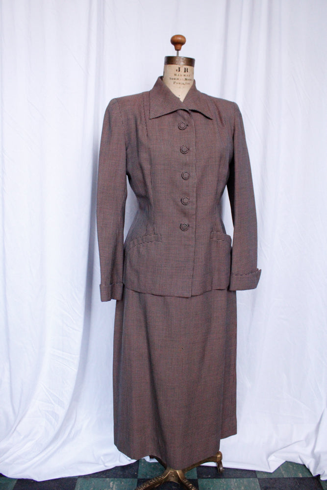 1940s Pink & Navy Houndstooth Gabardine Suit - Medium