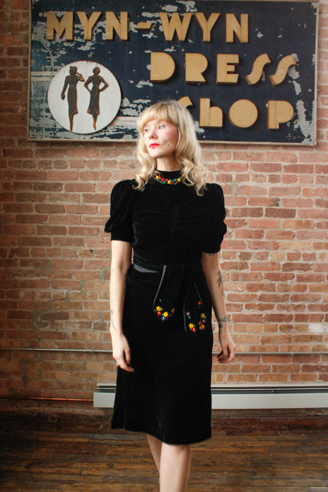 1930s Black Silk Velvet Dress with Belt - Xsmall