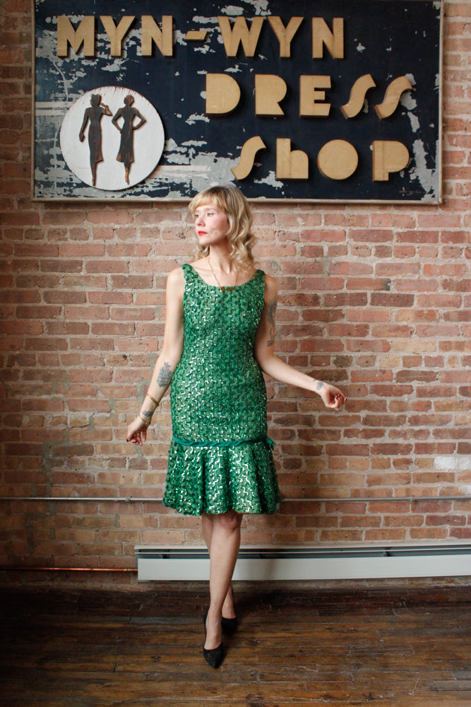 1960s Green Ribbon and Sequin Cocktail Dress - Small
