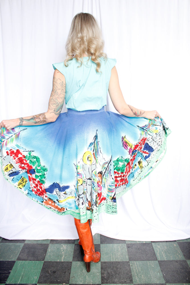 1950s GORGEOUS & BOLD Hand Painted Mexican Circle Skirt by artist D'oro - Large