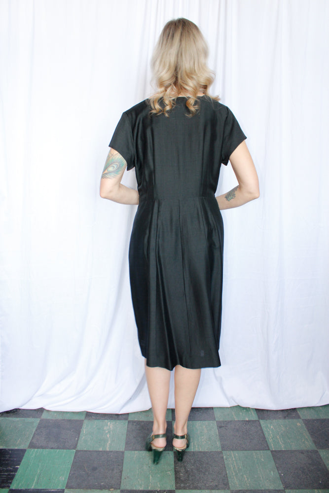 1950s Black Silk With Floral Appliqué Sheath Dress - XL