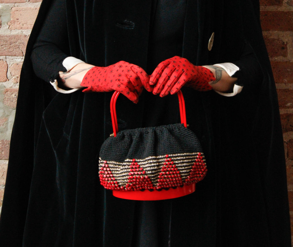 1940s RARE Red Lucite &  Silver & Black Deco Knit Bag