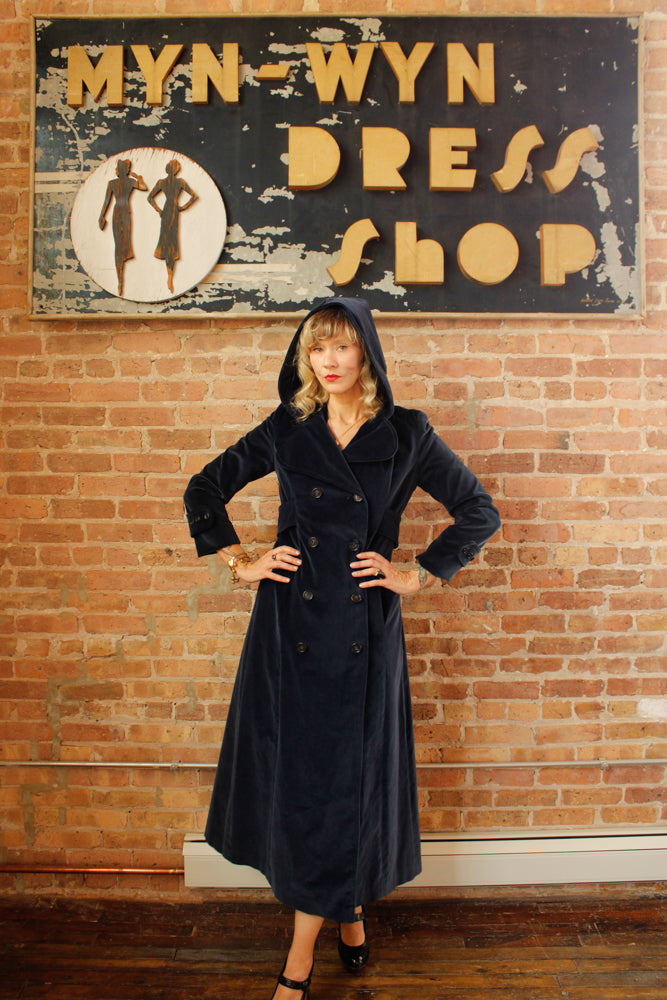 1970s Blue Hooded Cotton Velvet Coat - Medium