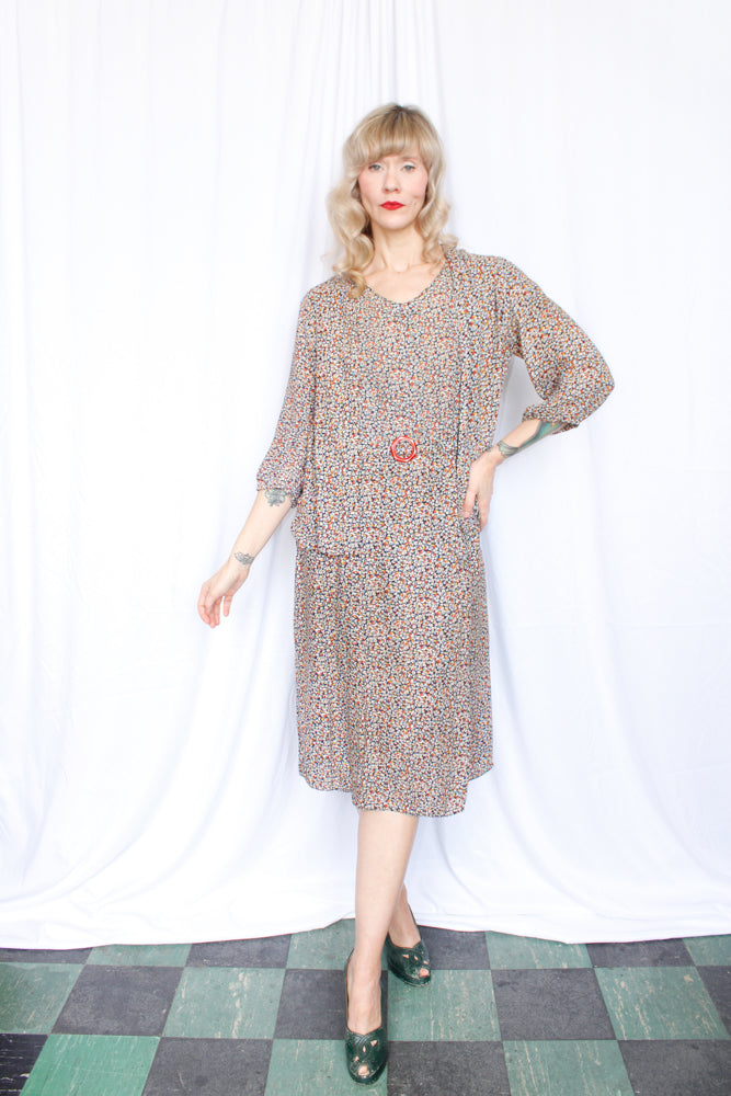1930s Floral Rayon Crepe Dress & Jacket with Belt - Large 