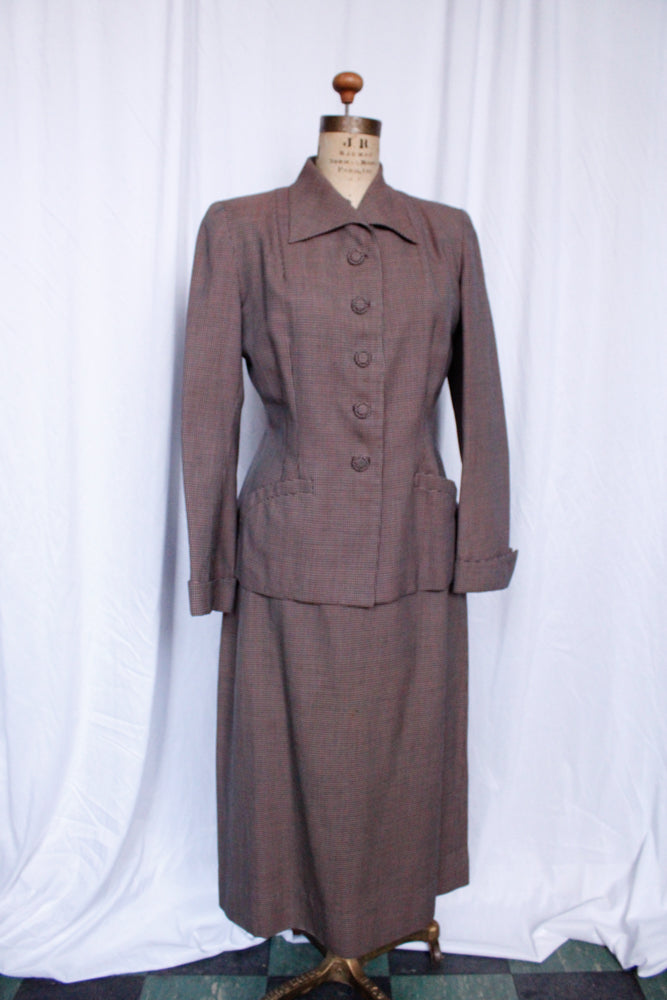 1940s Pink & Navy Houndstooth Gabardine Suit - Medium