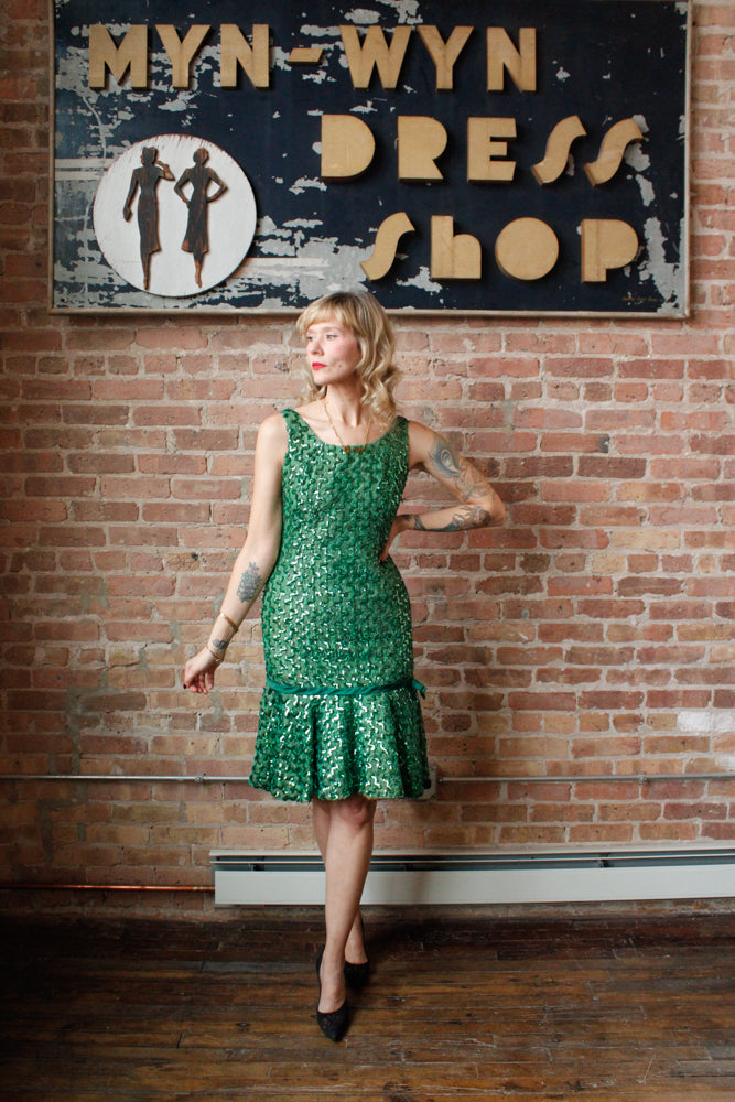 1960s Green Ribbon and Sequin Cocktail Dress - Small