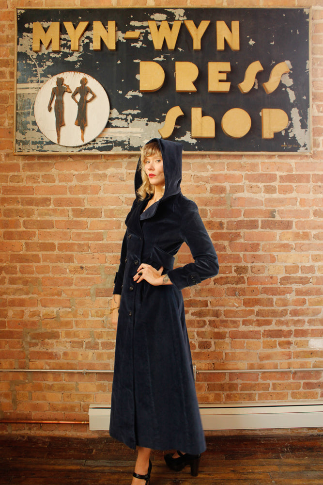 1970s Blue Hooded Cotton Velvet Coat - Medium