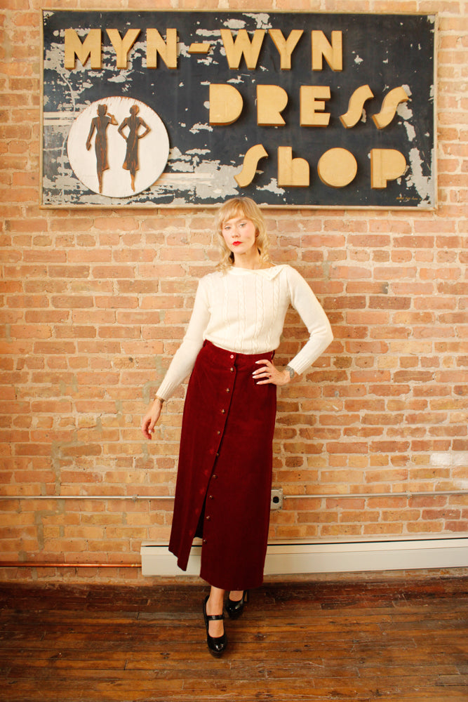 1970s Burgundy Corduroy Maxi Skirt - Medium