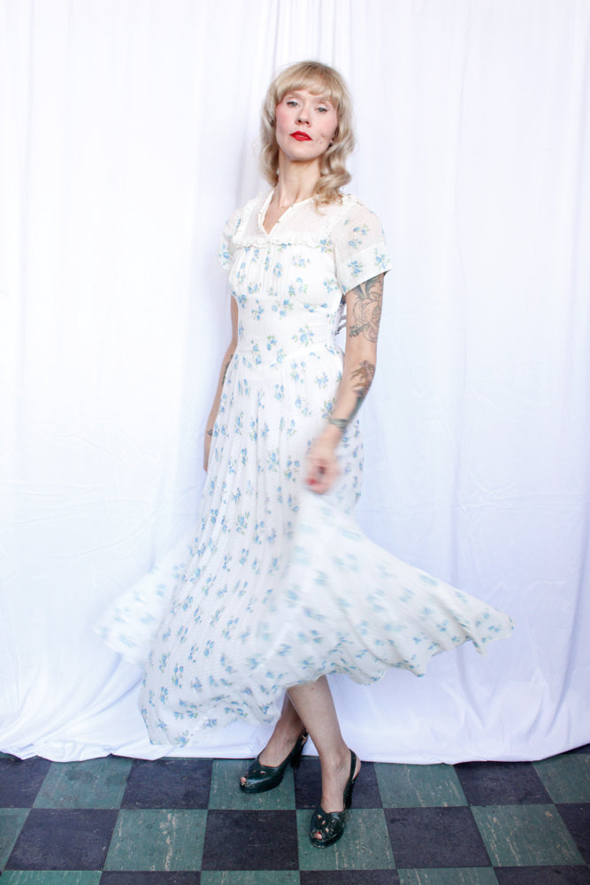 1930s Swiss Dot Floral Cotton Gown - Xsmall 