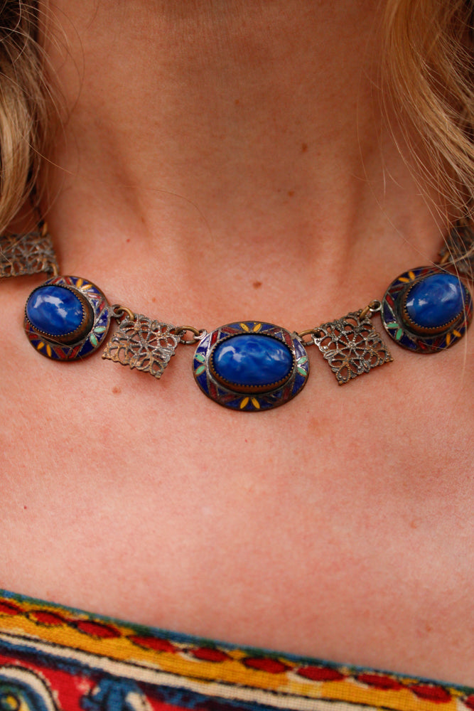 1940s Blue Stone & Enamel Deco Necklace