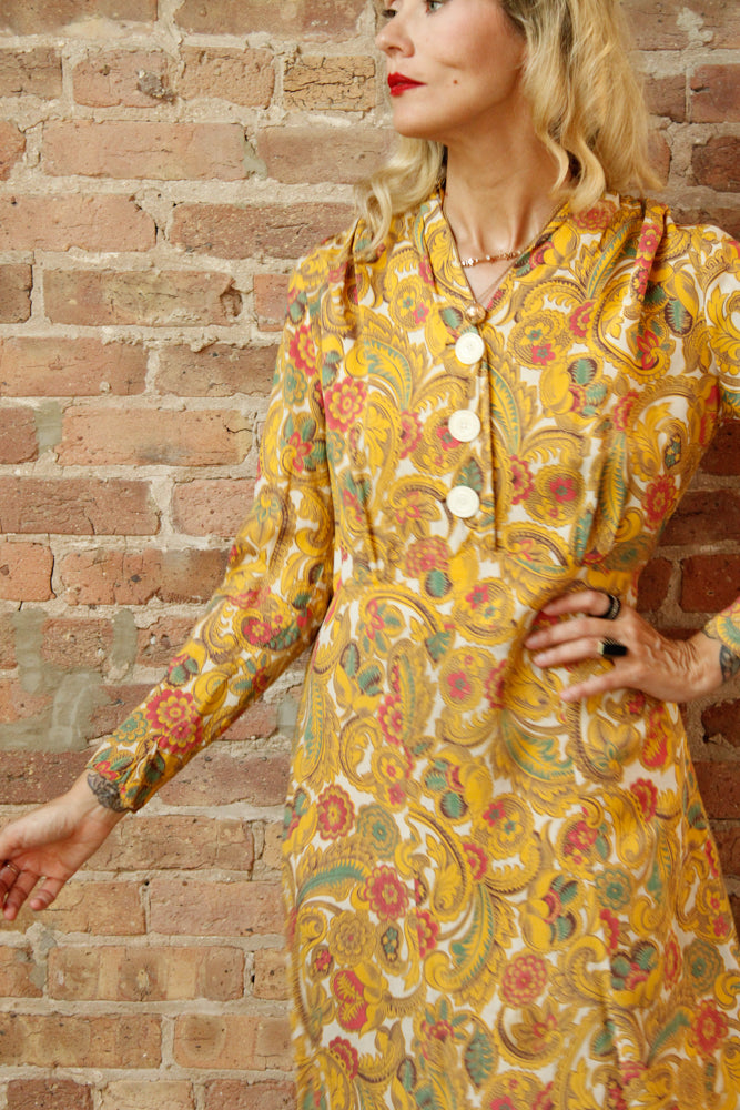 1940s Cold Rayon Butterscotch Floral Dress - M/L