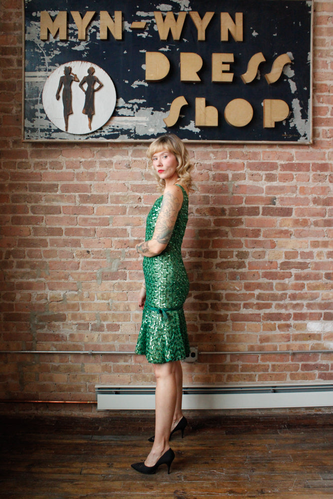 1960s Green Ribbon and Sequin Cocktail Dress - Small 