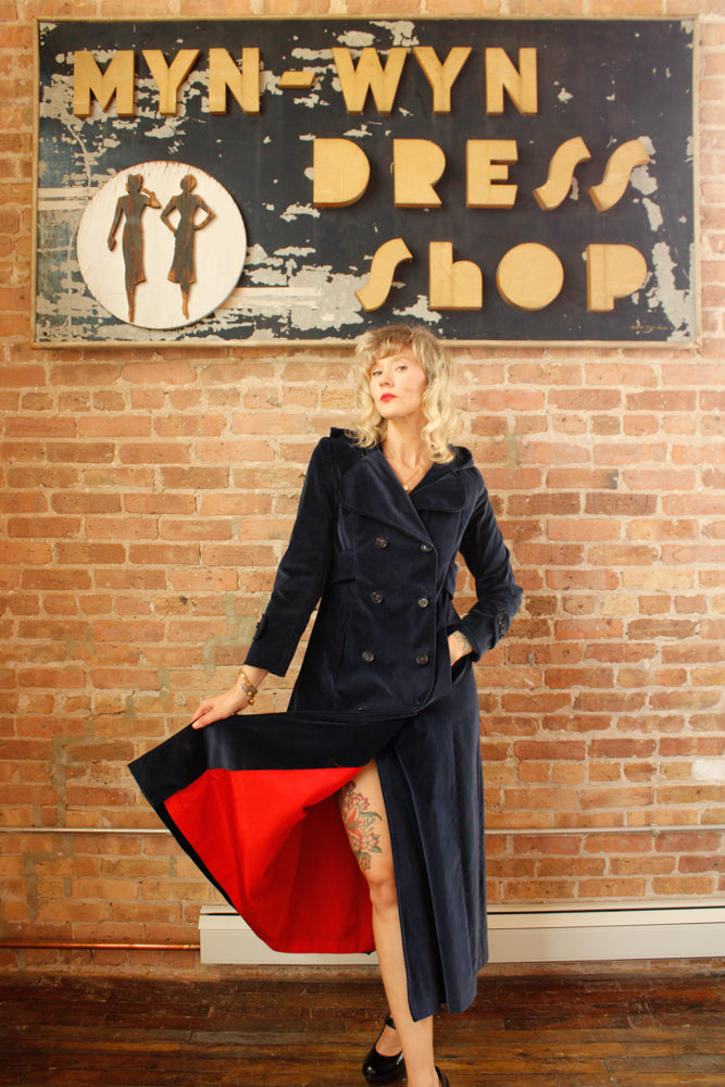 1970s Blue Hooded Cotton Velvet Coat - Medium