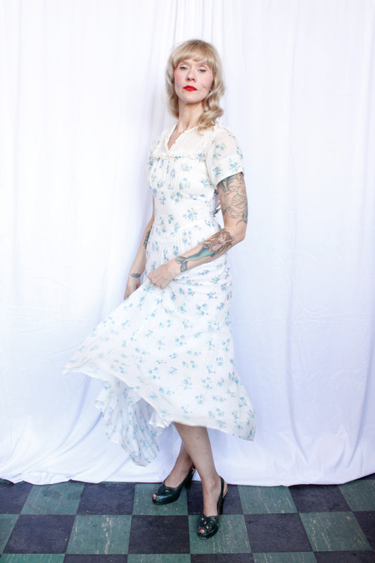 1930s Swiss Dot Floral Cotton Gown - Xsmall 