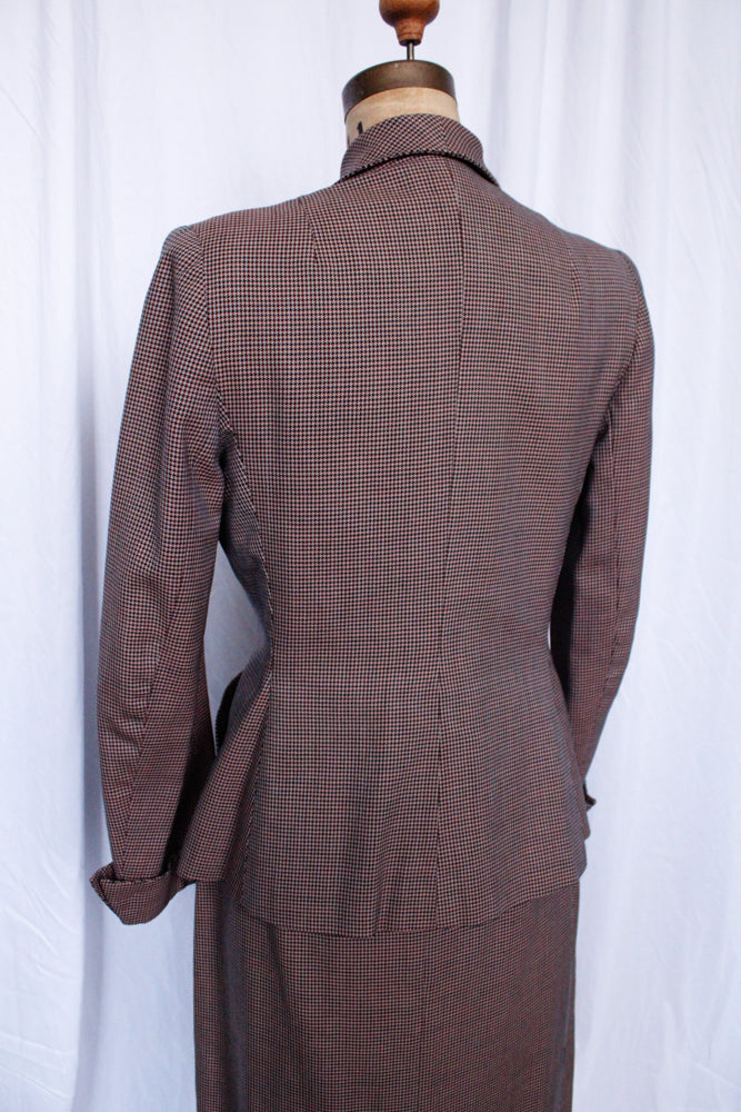 1940s Pink & Navy Houndstooth Gabardine Suit - Medium