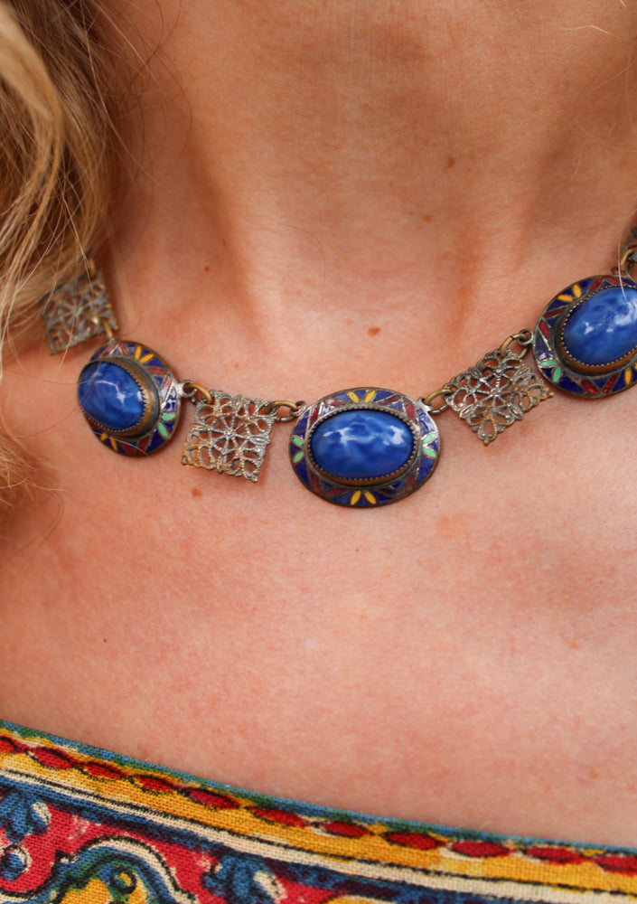 1940s Blue Stone & Enamel Deco Necklace