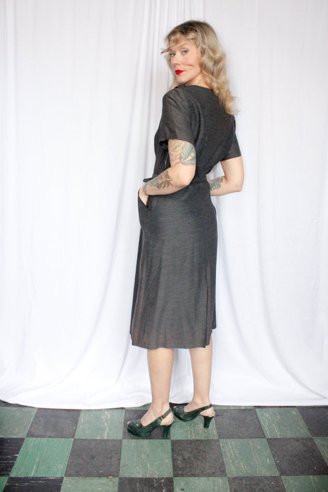 1950s Gray Wool Sheath Dress - Large 