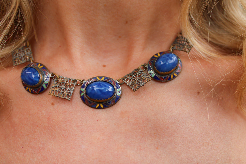 1940s Blue Stone & Enamel Deco Necklace