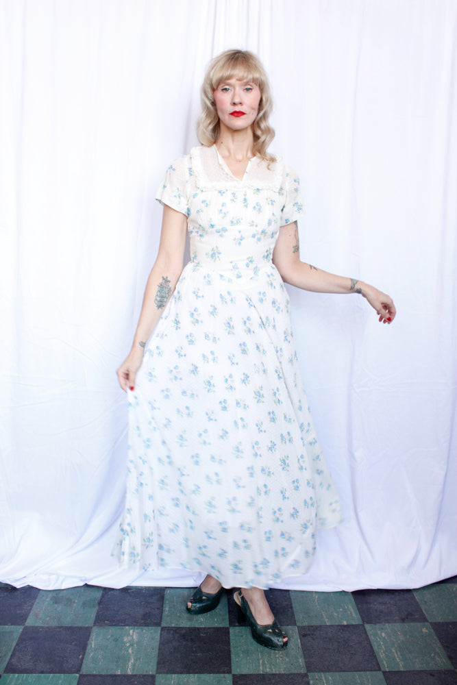 1930s Swiss Dot Floral Cotton Gown - Xsmall 