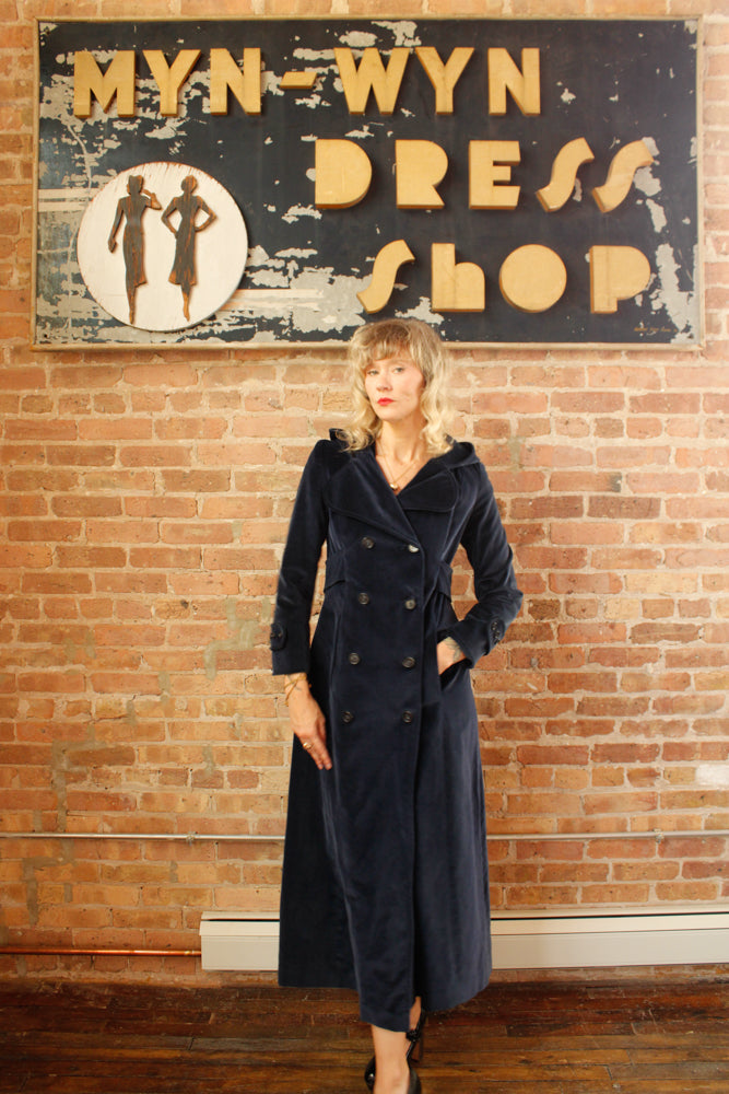 1970s Blue Hooded Cotton Velvet Coat - Medium