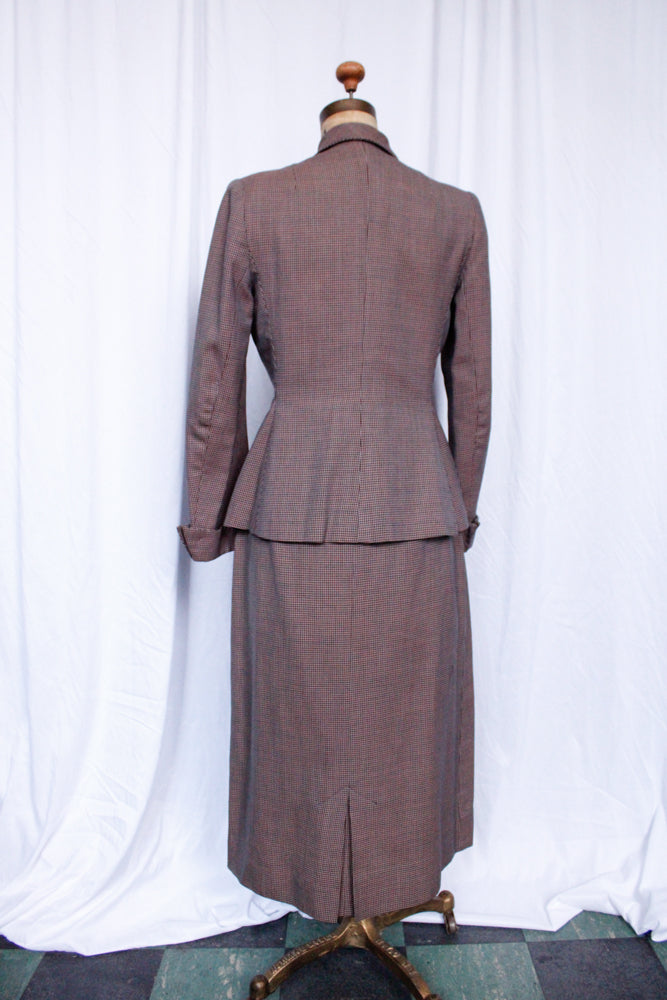 1940s Pink & Navy Houndstooth Gabardine Suit - Medium