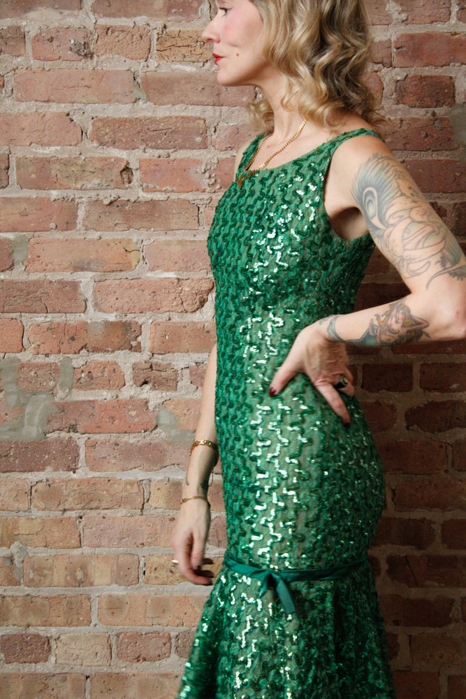 1960s Green Ribbon and Sequin Cocktail Dress - Small 