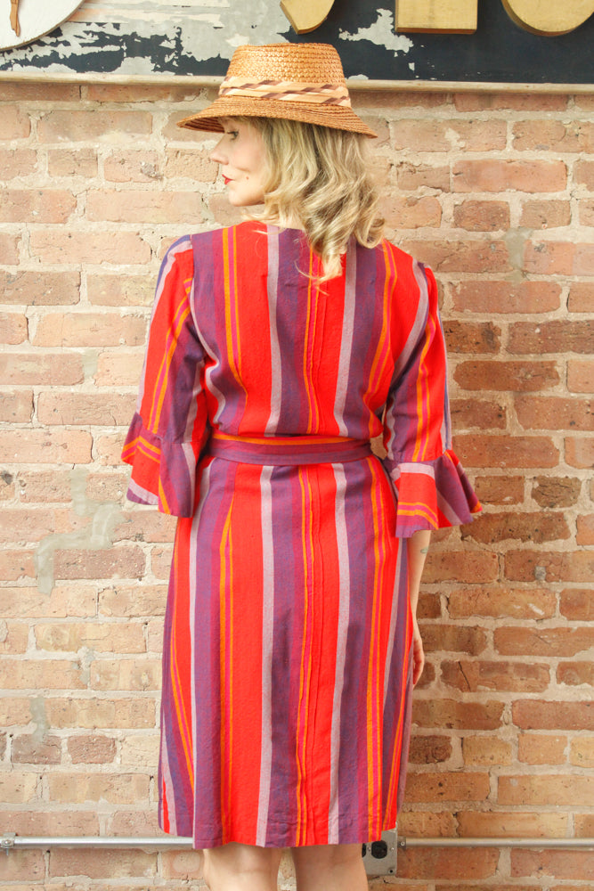 1970s Guatemalan Cotton Bright Red and Purple Stripe Dress - M/L
