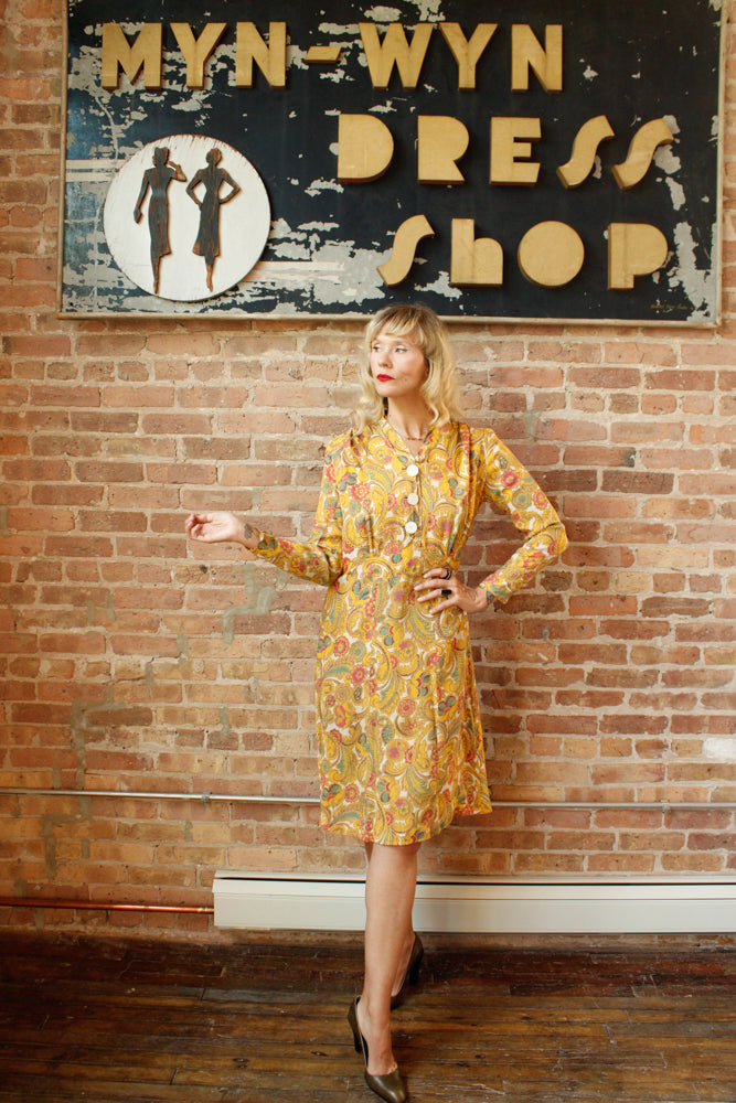 1940s Cold Rayon Butterscotch Floral Dress - M/L