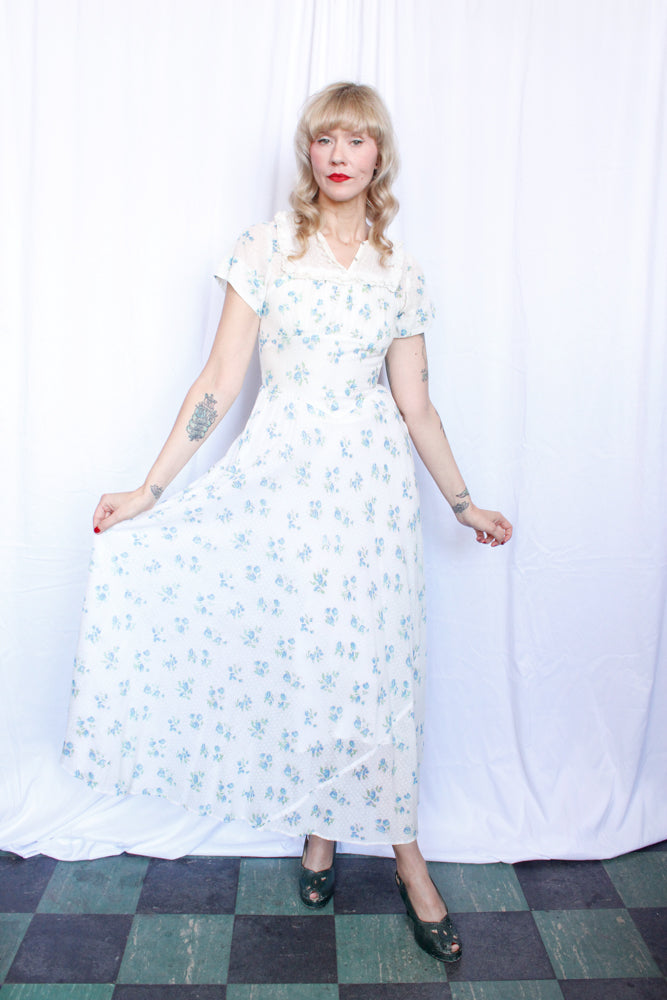 1930s Swiss Dot Floral Cotton Gown - Xsmall 