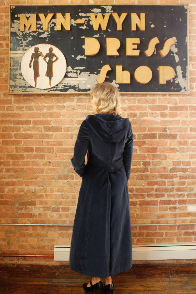1970s Blue Hooded Cotton Velvet Coat - Medium