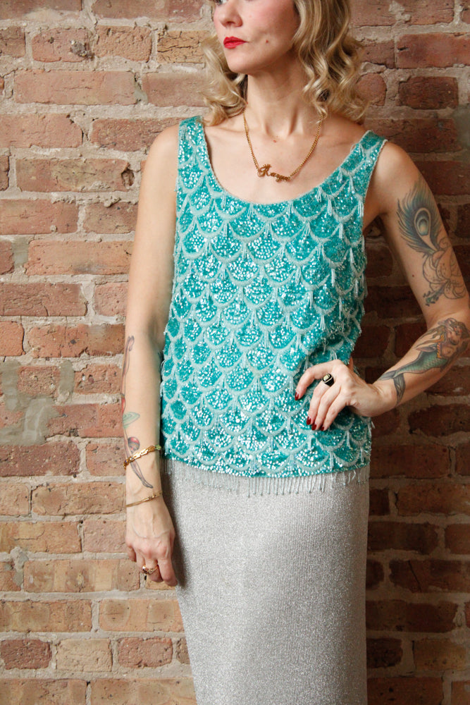 1960s Mermaid Aquamarine Beaded Top - Medium