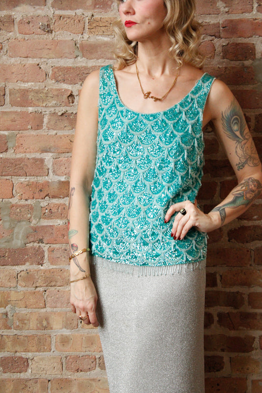 1960s Mermaid Aquamarine Beaded Top - Medium