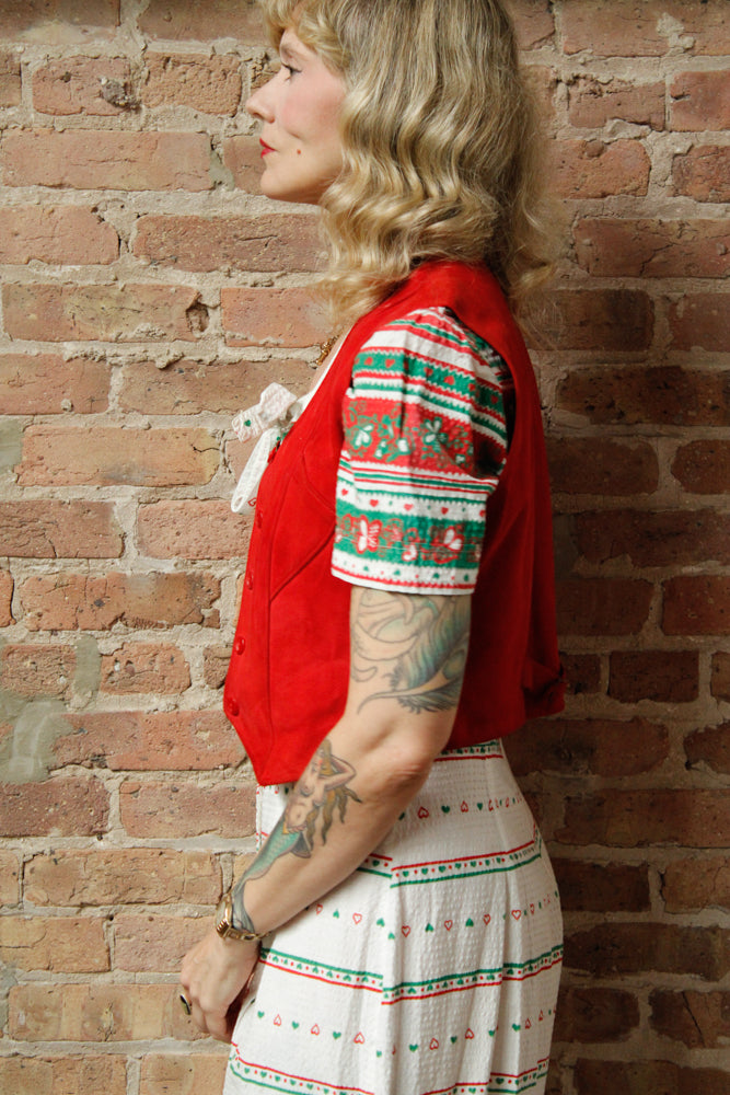 1930s Suede Leather Buckle Back Red Vest - S/M