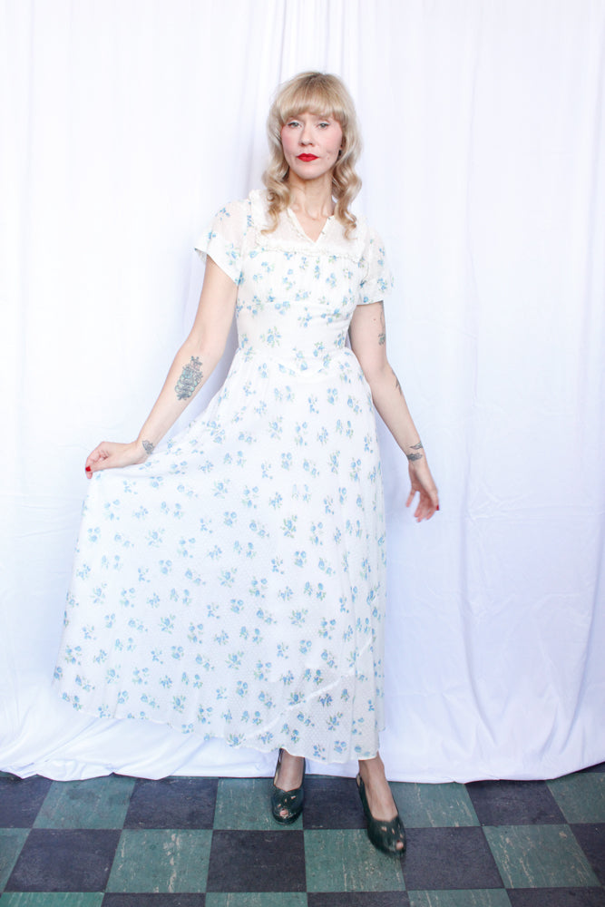 1930s Swiss Dot Floral Cotton Gown - Xsmall 