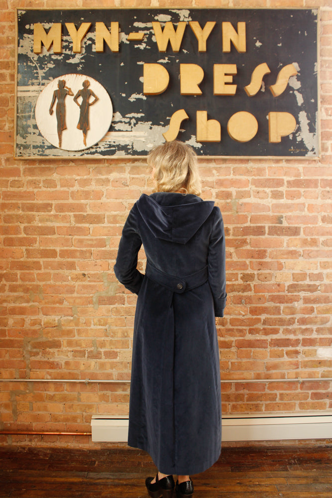 1970s Blue Hooded Cotton Velvet Coat - Medium