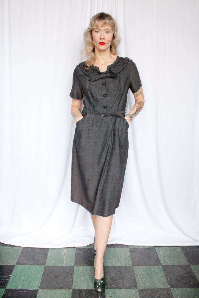 1950s Gray Wool Sheath Dress - Large 