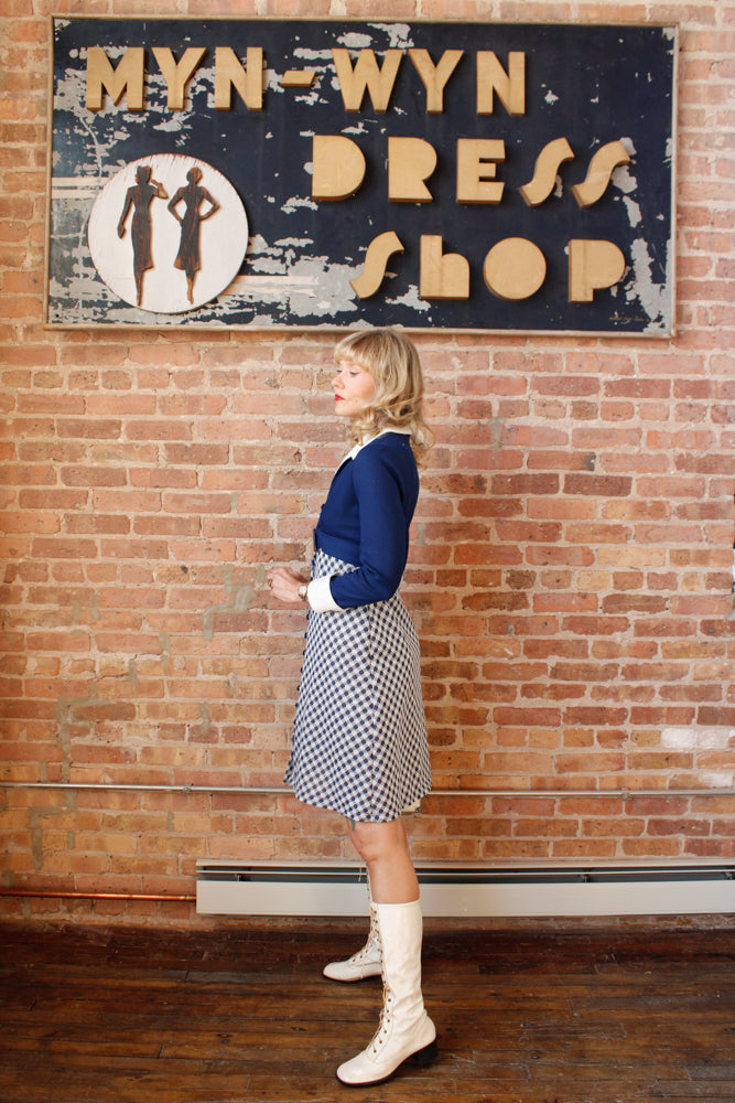 1960s Navy & White Polyester Mod Dress - Medium
