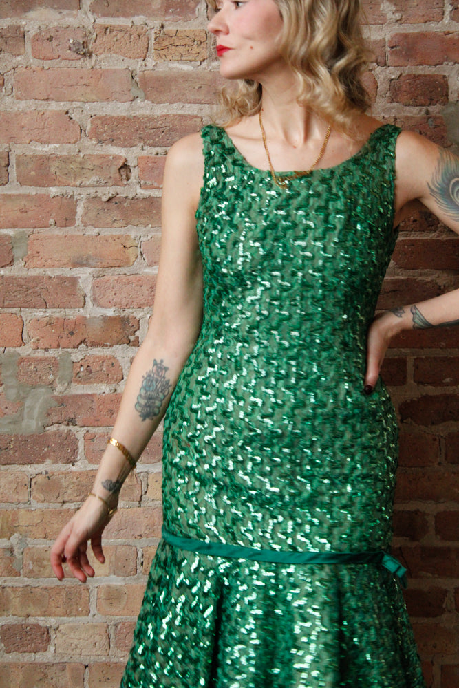 1960s Green Ribbon and Sequin Cocktail Dress - Small 