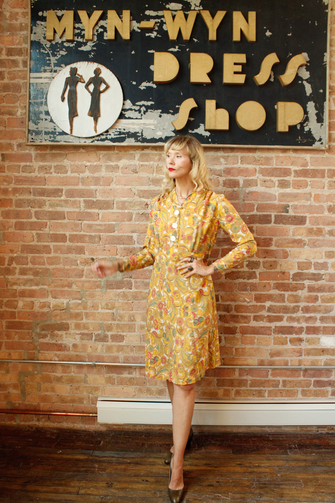 1940s Cold Rayon Butterscotch Floral Dress - M/L