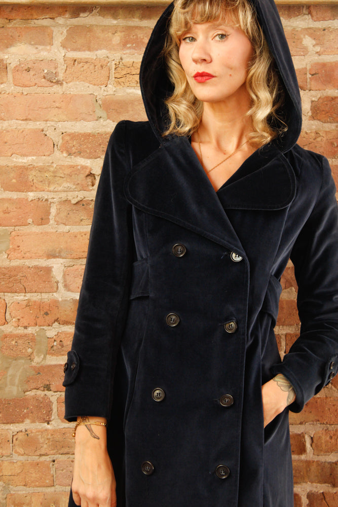 1970s Blue Hooded Cotton Velvet Coat - Medium