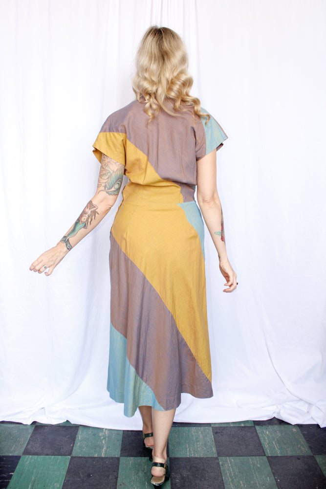 1940s Franklin Color-block Cotton Dress - Medium