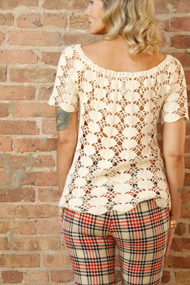 1970s Deco Fan Crochet Sweater - M/L