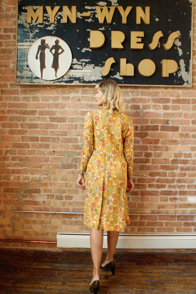 1940s Cold Rayon Butterscotch Floral Dress - M/L