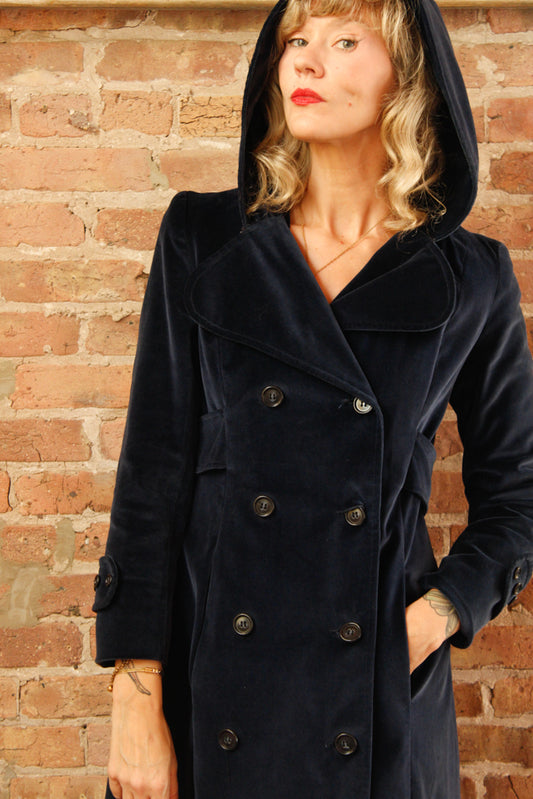 1970s Blue Hooded Cotton Velvet Coat - Medium