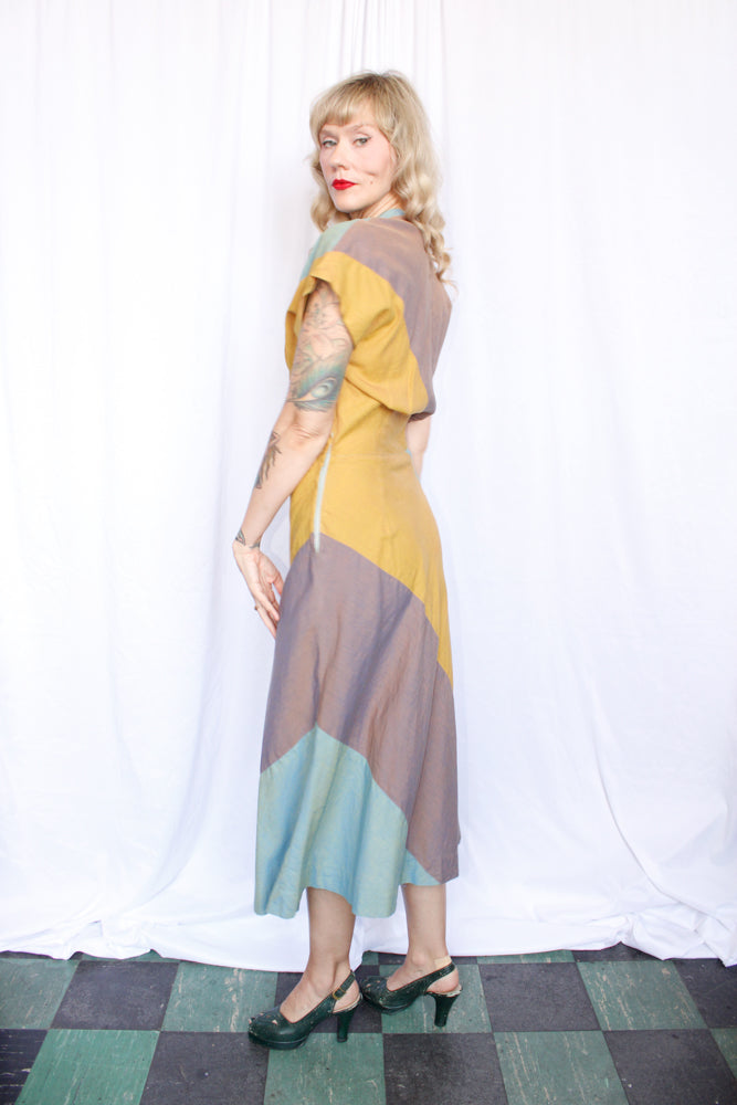 1940s Franklin Color-block Cotton Dress - Medium